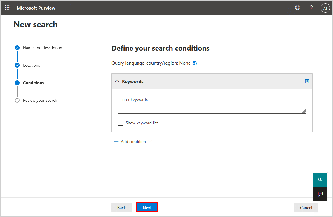 Define search conditions