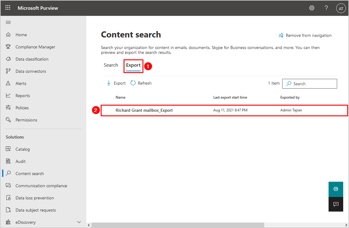Select created export in list