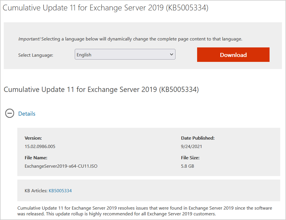 Cumulative Update 11 for Exchange Server 2019 download