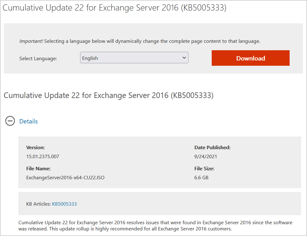 Cumulative Update 22 for Exchange Server 2016 download