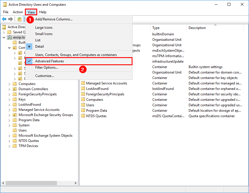 Enable Advanced Features in Active Directory Users and Computers