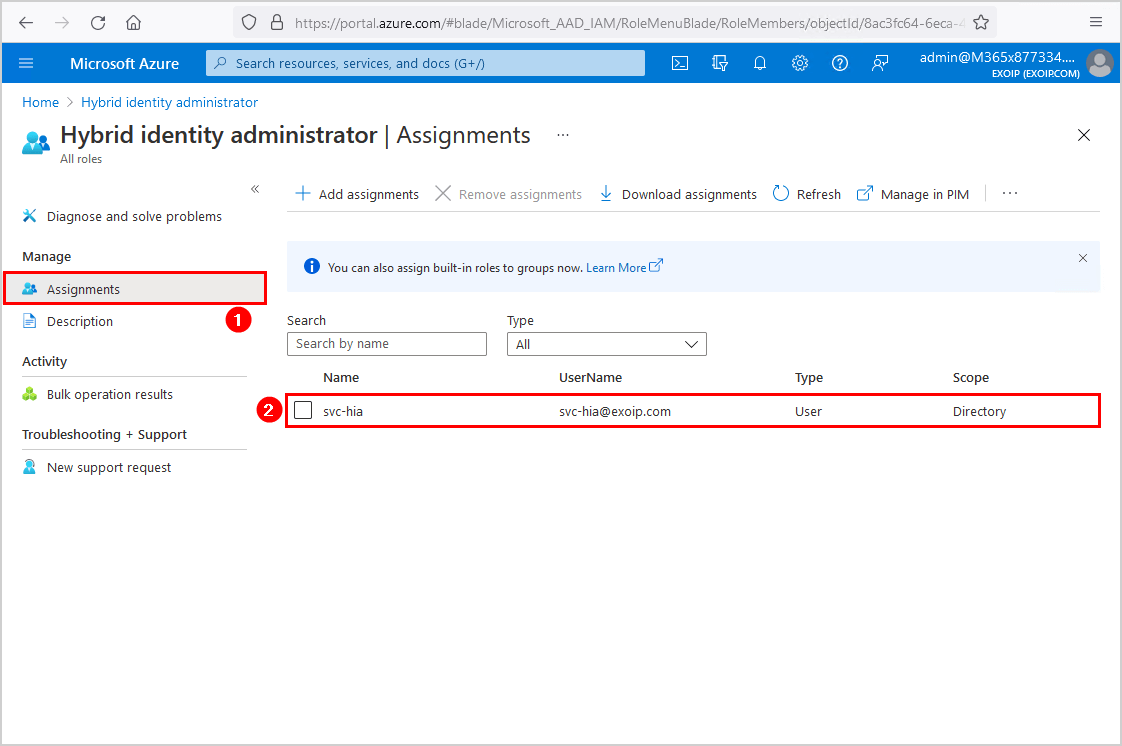 Hybrid identity administrator assign Azure AD account