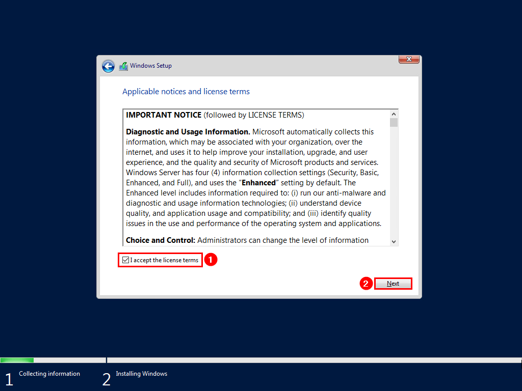 Install Windows Server accept license terms