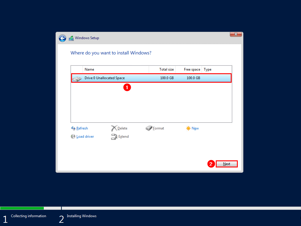 Install Windows Server select disk