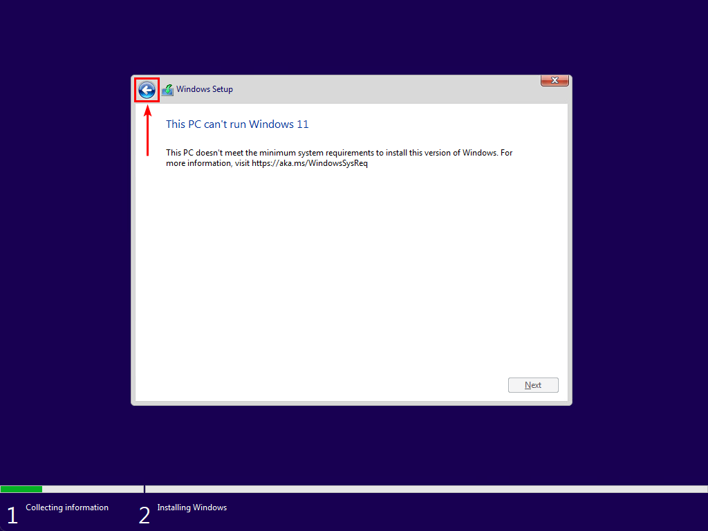 This PC can't run Windows 11 previous button