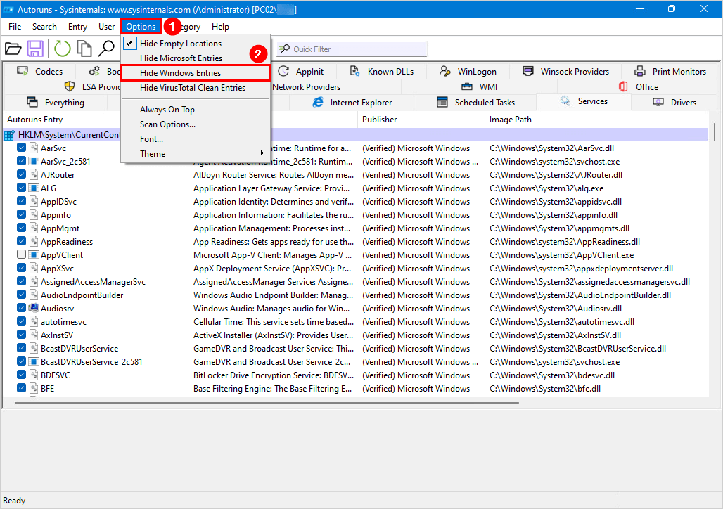Turn off Windows Defender in Windows 11 Autoruns hide windows entries