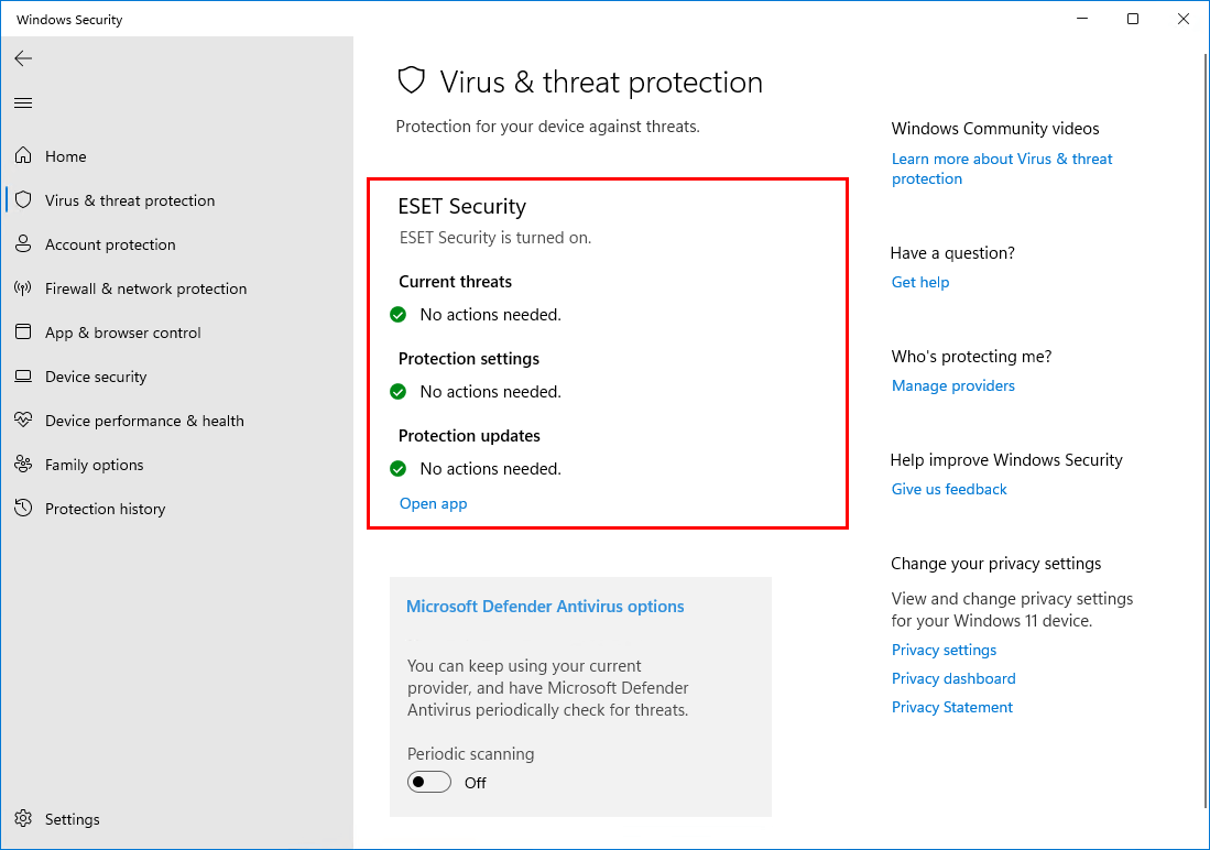 Turn off Windows Defender in Windows 11 another security product installed