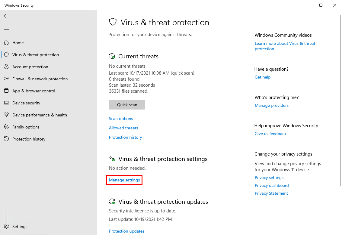 Turn off Windows Defender in Windows 11 manage settings