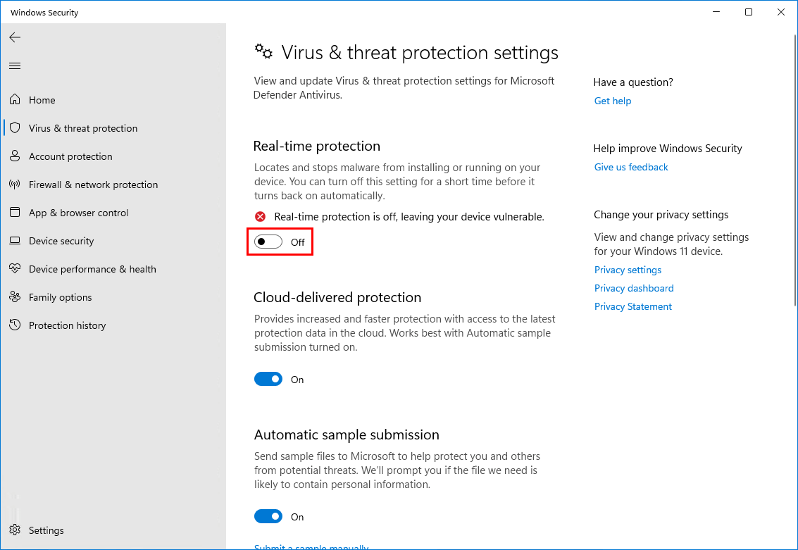 Turn off Windows Defender in Windows 11 real time protection off