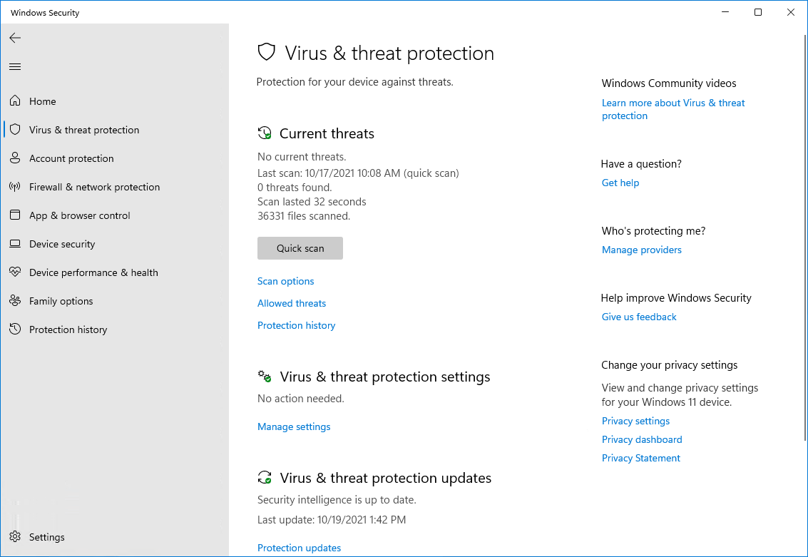 Turn off Windows Defender in Windows 11 virus and threat protection