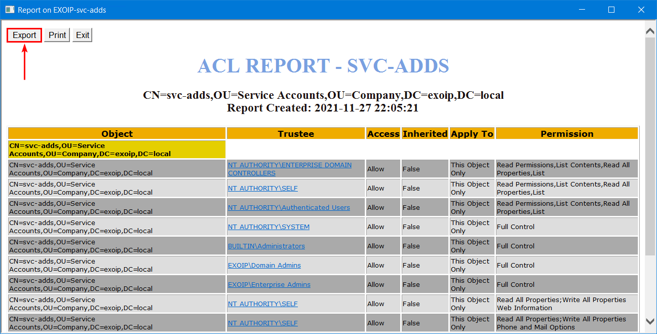 Export AD ACL permissions with PowerShell export ACL report
