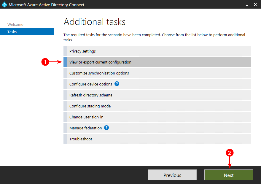 Find Azure AD Connect accounts view or export current configuration