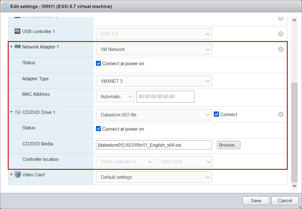 Install Windows 11 on Virtual Machine ESXi Virtual Hardware settings