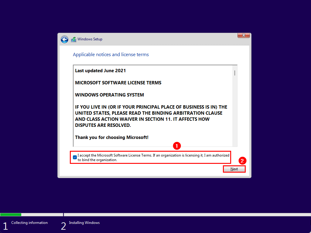 Install Windows 11 on Virtual Machine license terms