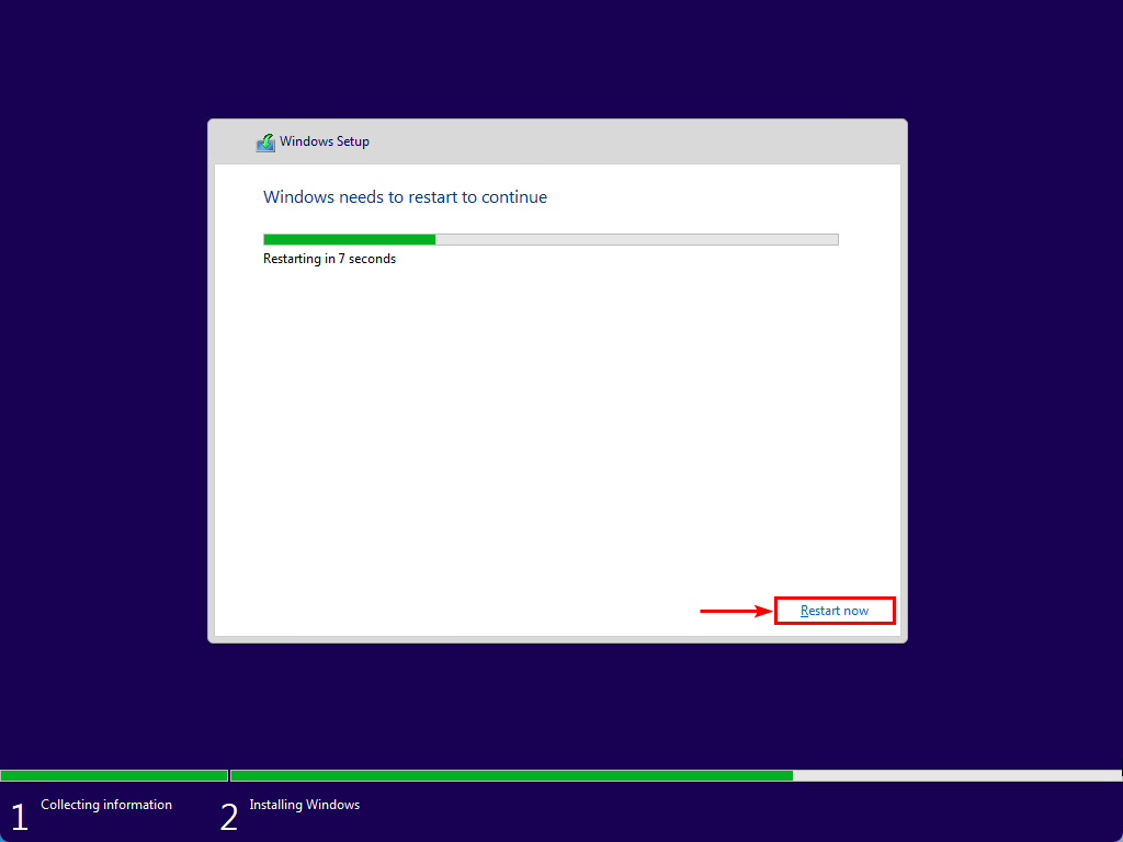 Install Windows 11 on Virtual Machine Windows need  to restart to continue