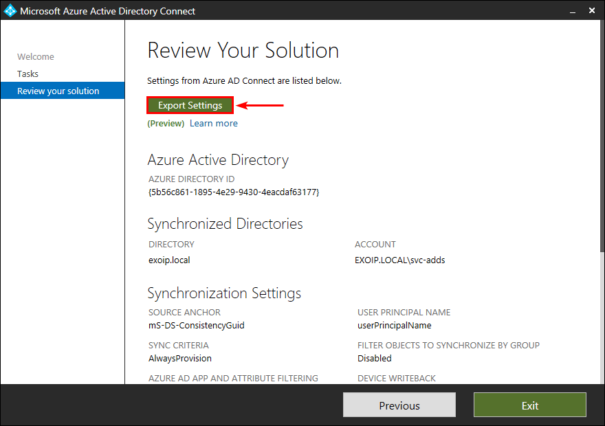 Migrate Azure AD Connect to new server export settings