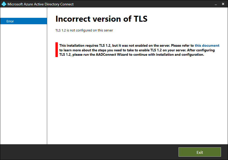 Migrate Azure AD Connect to new server incorrect version of TLS