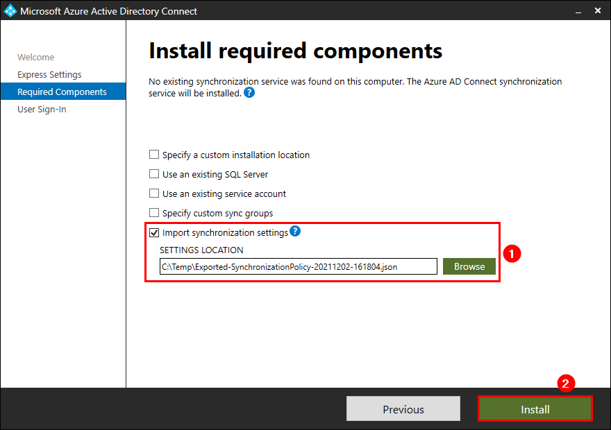 Migrate Azure AD Connect to new server import synchronization settings
