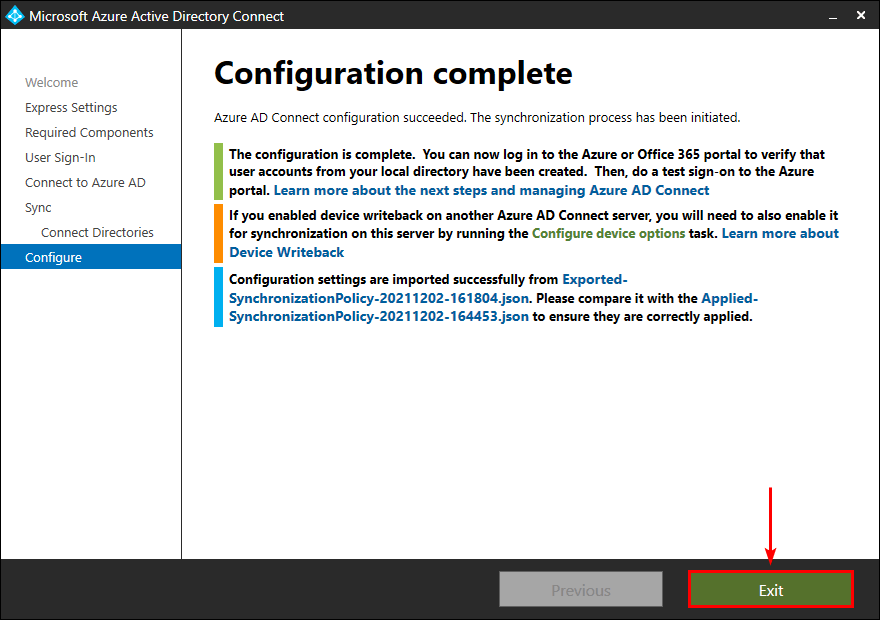 Migrate Azure AD Connect to new server configuration complete