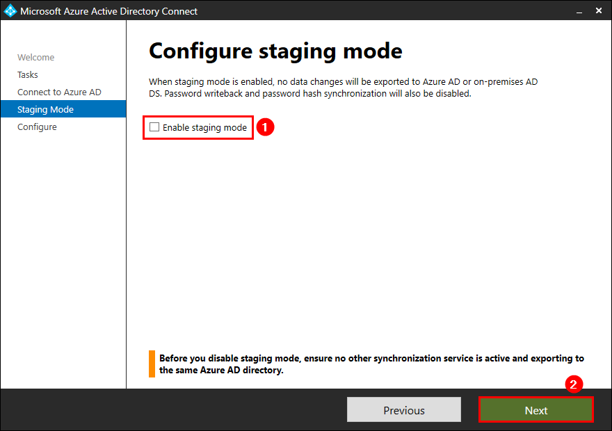 Eseguire la migrazione di Azure AD Connettersi al nuovo server disabilitare la modalità di gestione temporanea