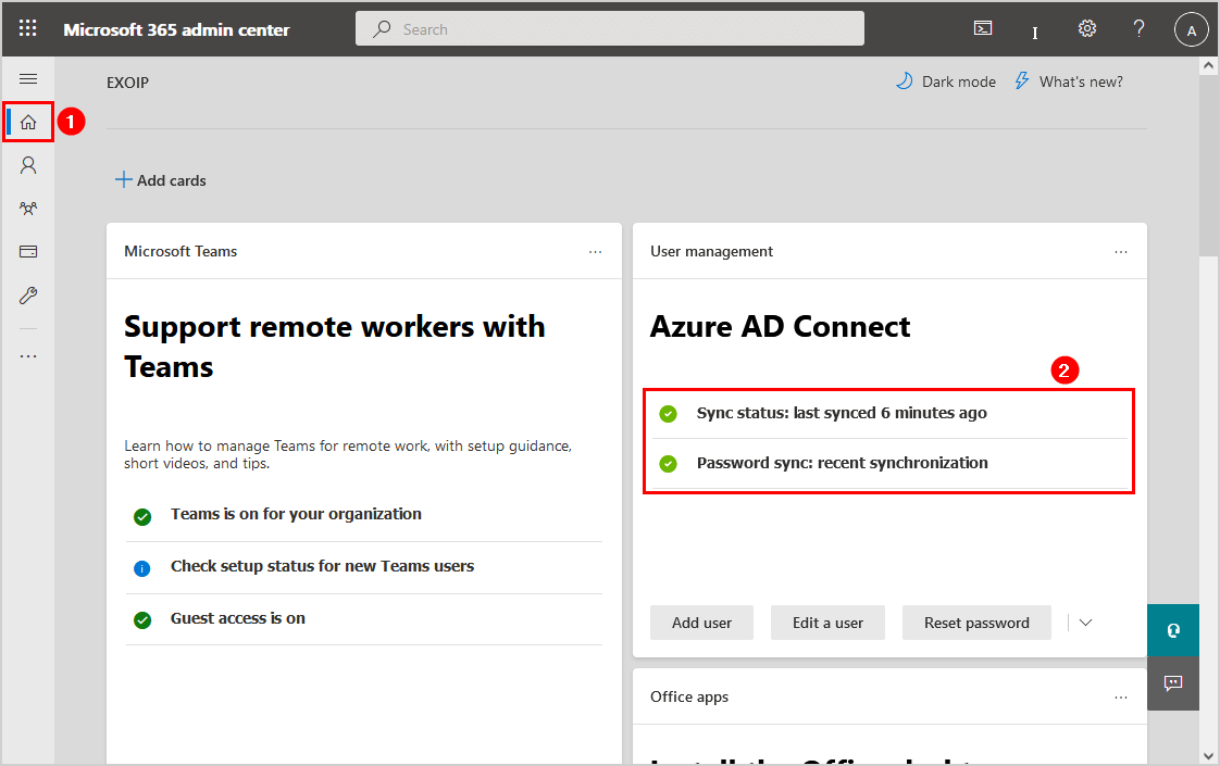 Migrate Azure AD Connect to new server Microsoft 365 admin center Azure AD Connect sync status
