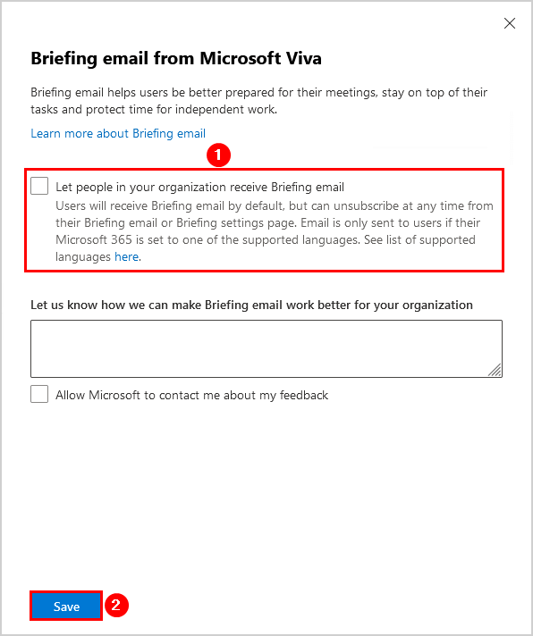 Turn off Microsoft Viva daily briefing uncheck