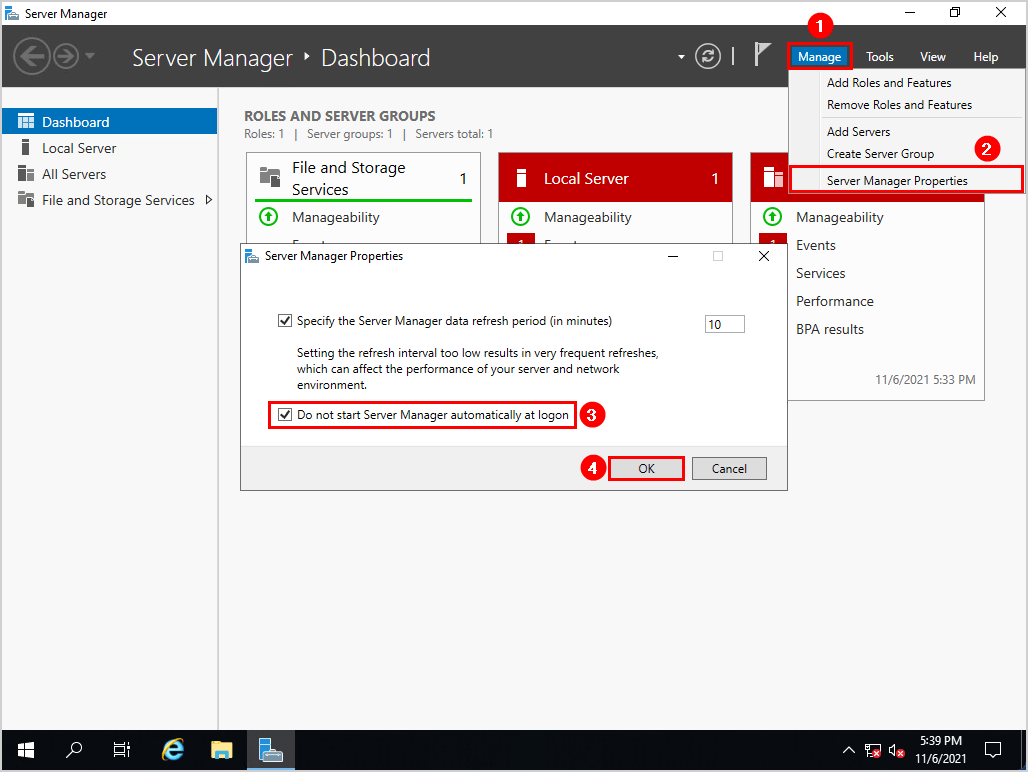 Windows Server post installation configuration do not start Server Manager automatically at logon