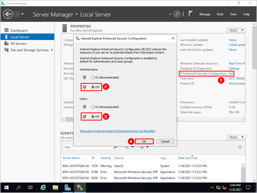 Windows Server post installation configuration turn off IE Enhanced Security Configuration
