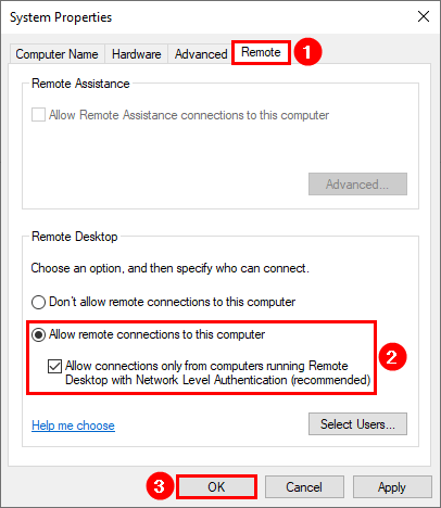 Windows Server post installation configuration allow remote connections to this computer
