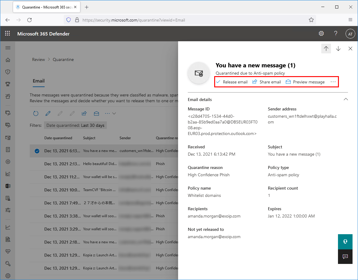 Check Office 365 quarantined emails options