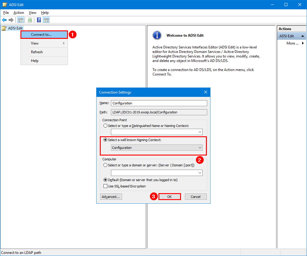 Recover Exchange Server ADSI Edit connect to configuration