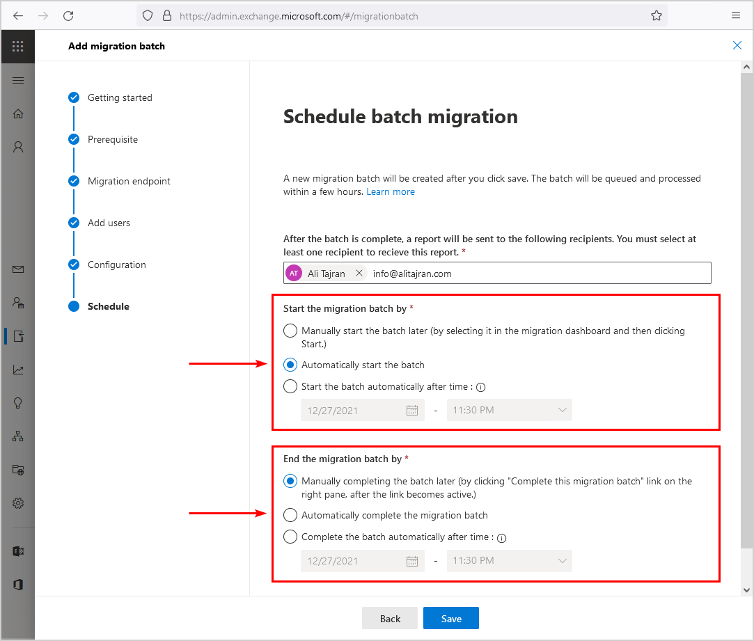 Schedule mailbox batch migration options