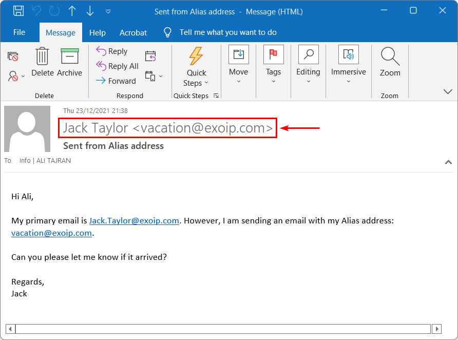 Email arrives from alias address
