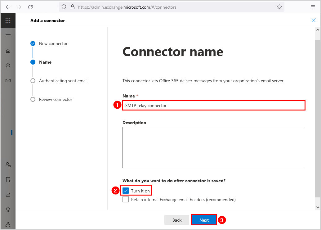 Configure Office 365 SMTP relay connector name