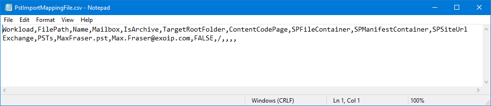 Import PST to Office 365 PSTImportMappingFile.csv in Notepad