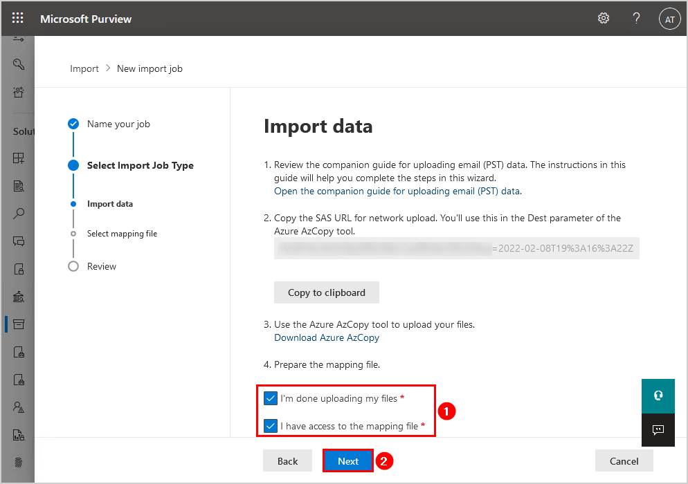 Import PST to Office 365 done uploading files and access to mapping file