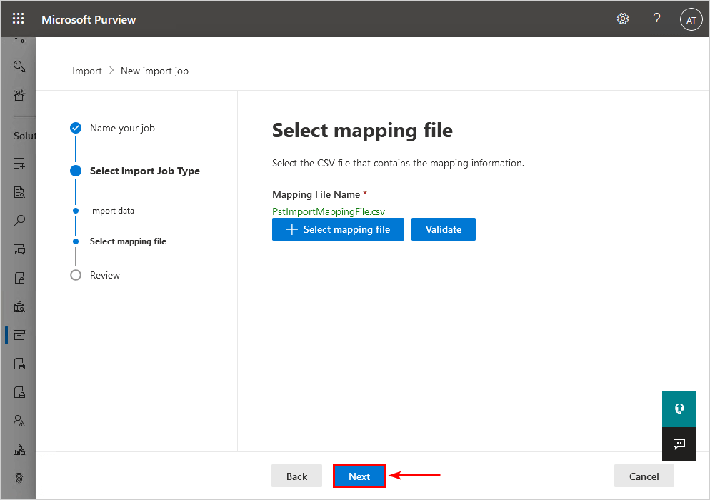 Import PST to Office 365 mapping file validated
