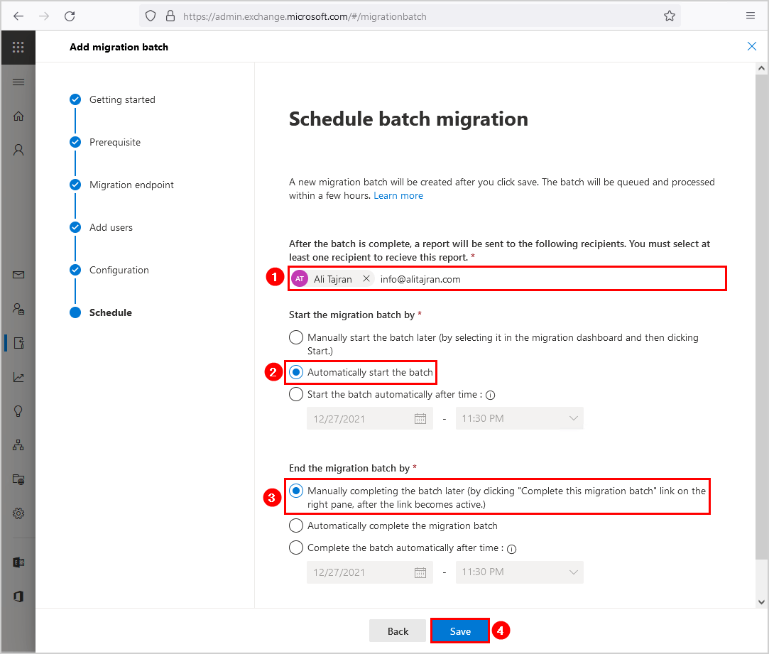 Migrate mailboxes to Office 365 schedule