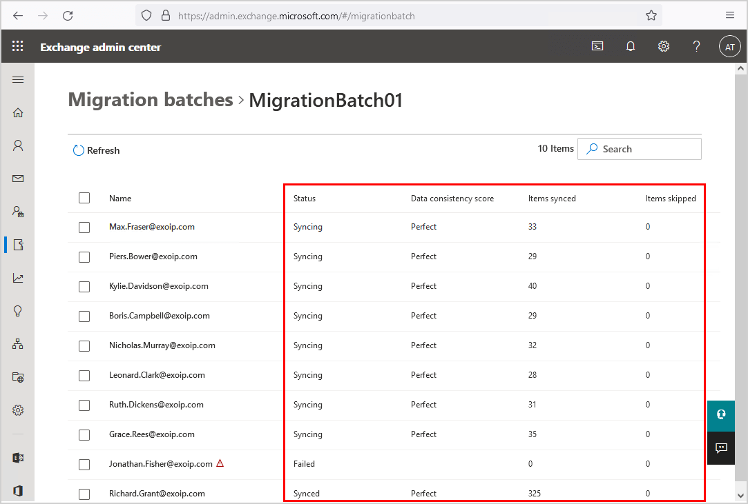 Migrate mailboxes to Office 365 migration batch mailbox status refresh