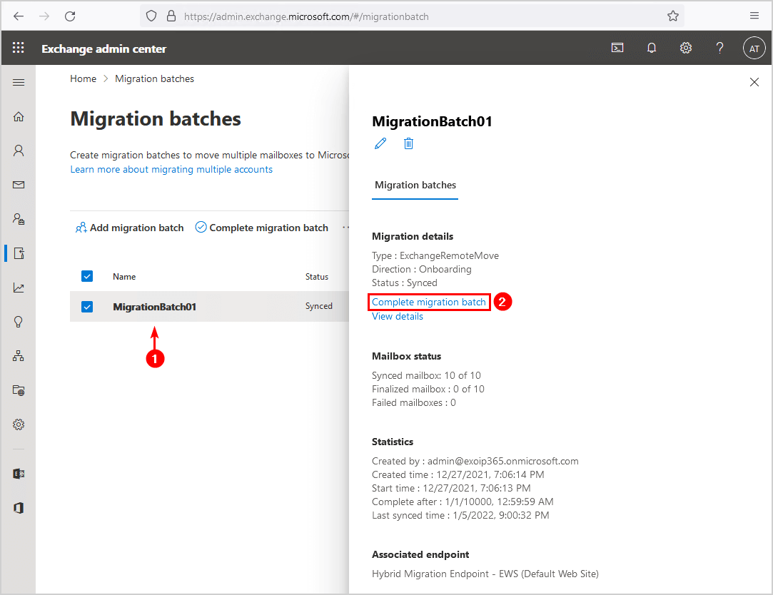 Migrate mailboxes to Office 365 complete migration batch