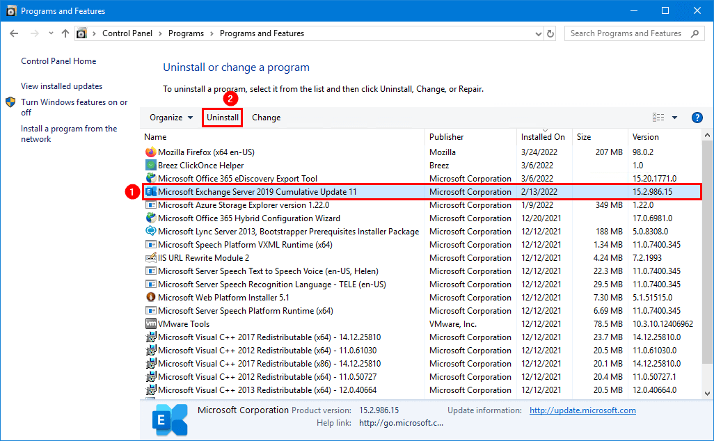 Remove last Exchange Server in organization programs and features uninstall