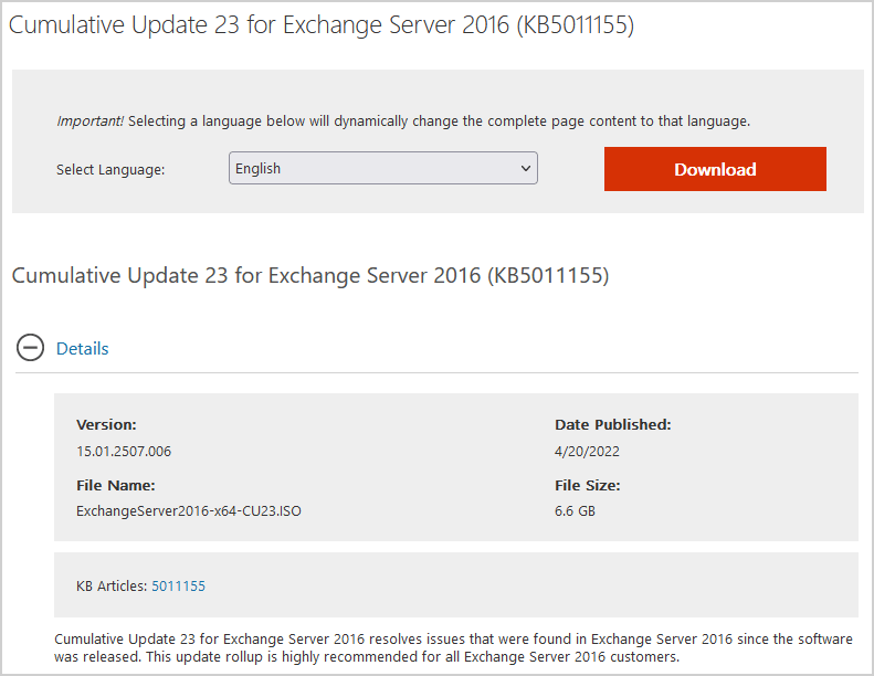Cumulative Update 23 for Exchange Server 2016 download