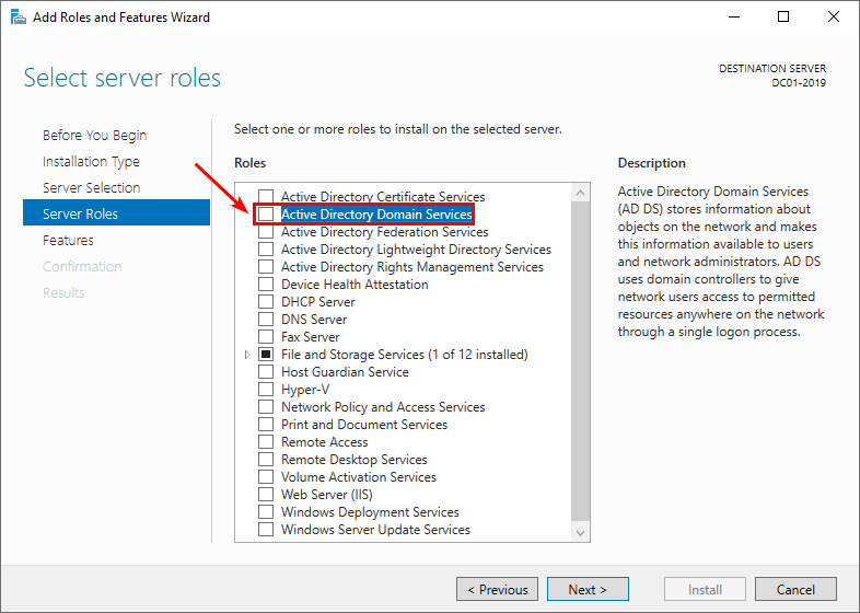 Select server role Active Directory Domain Services