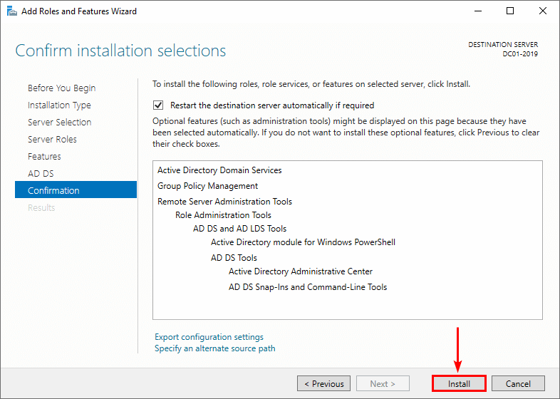 Setup Windows Server Domain Controller confirm AD DS role install 