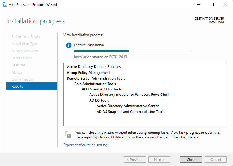 Install Active Directory on Windows Server installation progress