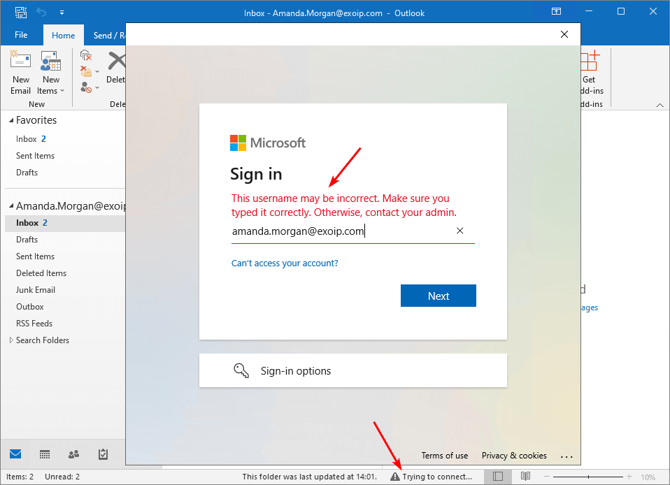 Microsoft sign in prompt this username may be incorrect