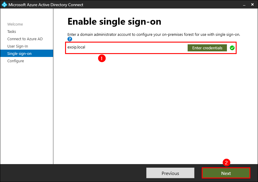 Azure Active Directory enable single sign-on enter domain administrator credentials