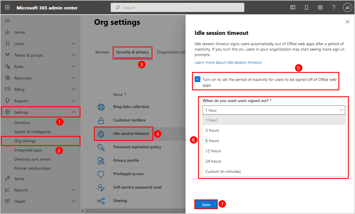 Enable idle session timeout in Microsoft 365 admin center