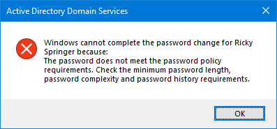 Secure Active Directory passwords cannot complete