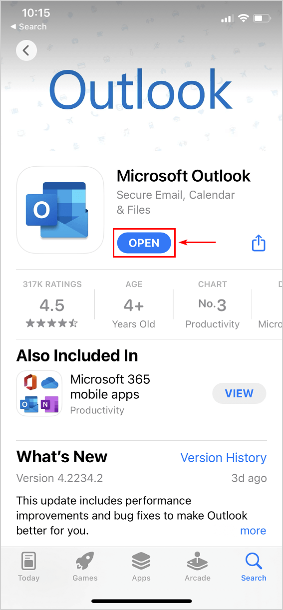 Open Microsoft Outlook mobile app